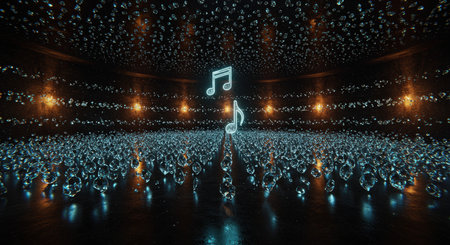 A symphony of light and sound with musical notes amidst floating bubblesの素材