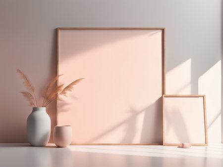 Minimalistic still life composition with pink tones and dried flowersの素材