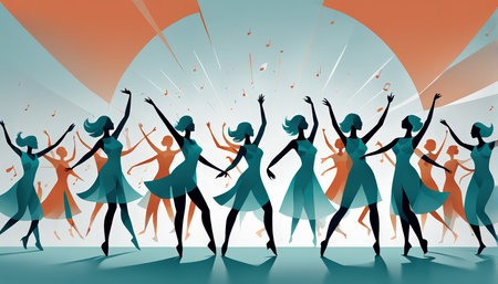 Abstract illustration depicting a joyful celebration with dancing figuresの素材