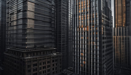 A cityscape at twilight showcasing modern skyscrapers with warm interior lights reflecting off their glass exteriorsの素材