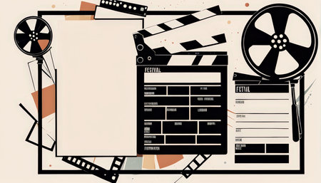 Cinema background with film reel and clapperboard. Vector illustration.の素材