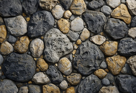 A closeup view of a mosaic made from various sizes and colors of stonesの素材