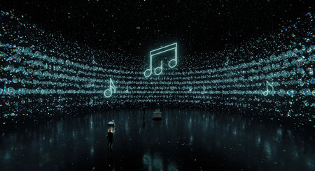 A person walking through a futuristic digital landscape of glowing musical notesの素材