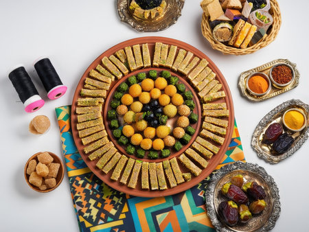 A festive display featuring a variety of traditional snacks and decorative elementsの素材