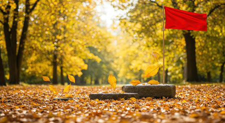 A tranquil autumn park scene with a red flag amidst falling leavesの素材