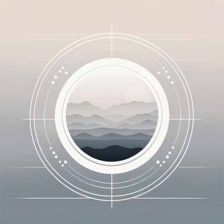 Abstract circular design with layered mountains and geometric elements on a gradient backgroundの素材