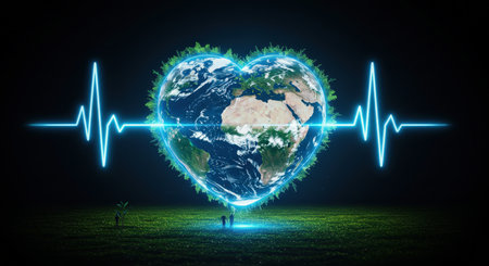 A conceptual image depicting Earth as a heart symbol with neon lifeline against a dark backgroundの素材