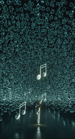 A neonlit figure surrounded by floating musical notes in a cosmic settingの素材