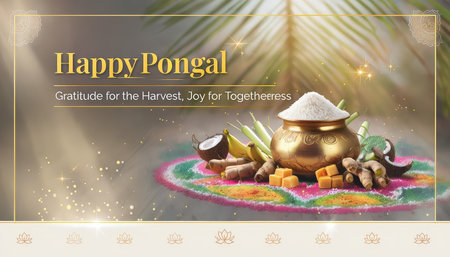 A festive Pongal celebration with traditional symbols on a decorative rangoliの素材