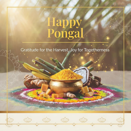 A cheerful Pongal celebration with traditional elements and colorful rangoli artの素材