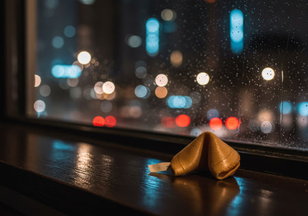A vintage fortune cookie peeking through bokehlit rain and window frames outsideの素材