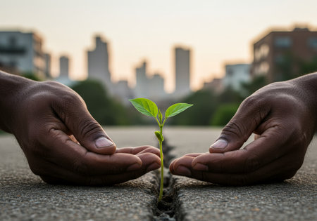Hands hold a lush green plant, symbolizing care and responsibility towards our planets environmentの素材