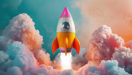 Rocket flying high in the sky. 3d illustration. Success concept.の素材