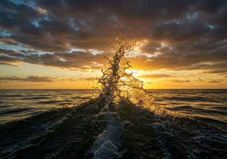 A serene scene of gentle waves crashing against the shore under the warm glow of a setting sunの素材