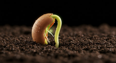 A delicate bean sprouting through moist soil, surrounded by water droplets and vibrant light effects, promising new growth in every directionの素材