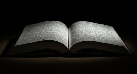 A dimly lit scene showcasing an open book with dense text on a dark backgroundの素材