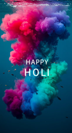 A joyous Holi celebration featuring colorful powders, vibrant hues, and heartfelt blessings among joyful revelersの素材