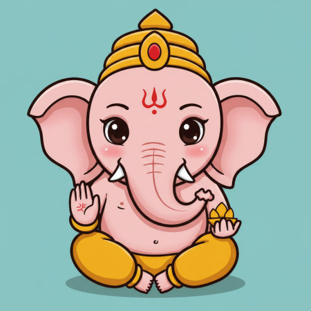 A playful cartoon elephant adorned with traditional Hindu deity Ganesha symbols, symbolizing wisdom and good fortuneの素材