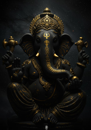 Ganesh, Lord of Beginnings, holds keys, lotus, and a broken tusk as he welcomes worshippers at this iconic statue in Indiaの素材