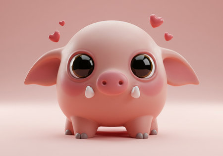 A cute CGI pink piglet with fluffy white ears and bright red hearts adorns a whimsical light purple background, capturing the joy of new life in vibrant colorsの素材