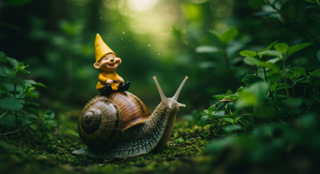 A whimsical scene of a gnome atop a slowmoving snail navigating through a lush green forest, capturing the essence of fantasy and nature in one charming frameの素材
