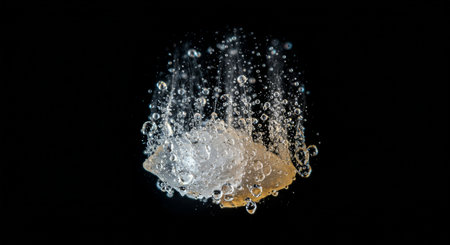 A delicate scene of water droplets and bubbles surrounding a transparent sphere in midair, showcasing fluid dynamics and light playの素材