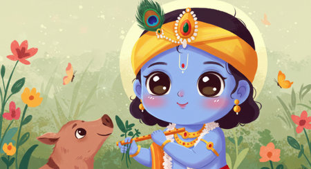Lord Krishna in a charming illustration with a deer, surrounded by blossoming flowers and dancing butterflies, encapsulating joy and serenity from Hindu mythologyの素材