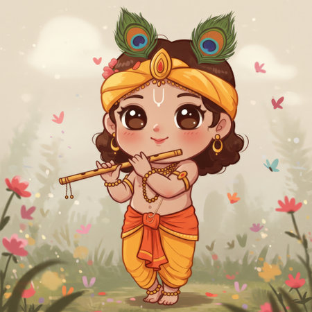 A charming portrayal of a young boy playing the flute in traditional attire inspired by Lord Krishnaの素材