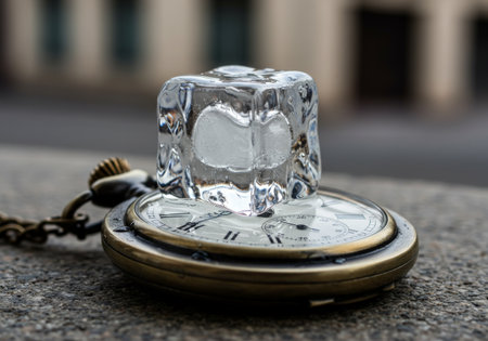 An ice cube melts into an ornate pocket watch, creating a mesmerizing moment of frozen time and liquid transformationの素材