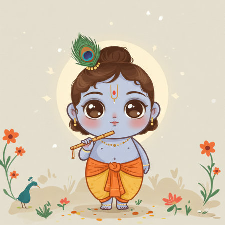 A mesmerizing depiction of Lord Krishna playing the flute amidst flowers and a peacock, embodying his divine presence and deep connection to natureの素材