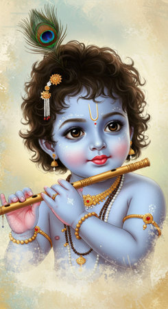 A child with wings and horns plays a flute in a serene, ethereal sceneの素材