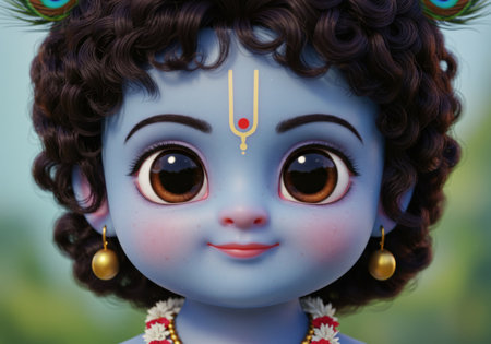 A blueskinned young boy adorned in elaborate jewelry and a peacock feather headdress, exuding vibrant color and cultural flairの素材