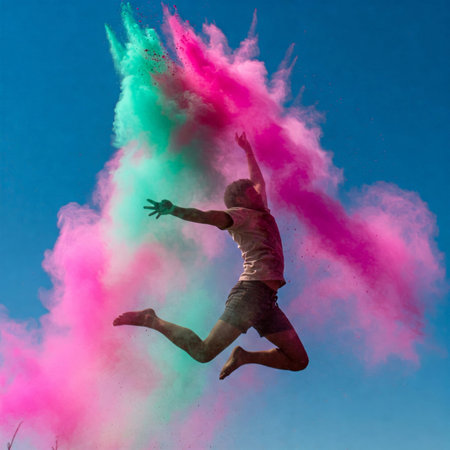 The picture illustrates an individual engaging with a cloud of colored powder, which is likely to be used for recreational or celebratory purposes. The person appears to be jumping into this colorful substance against a clear blue sky background. This suggests that the image might represent joy and freedom associated with participating in such events where individuals often throw colored powders at each other as part of celebrations like festivals or parties, promoting unity, happiness, and inclusion within communities.の素材