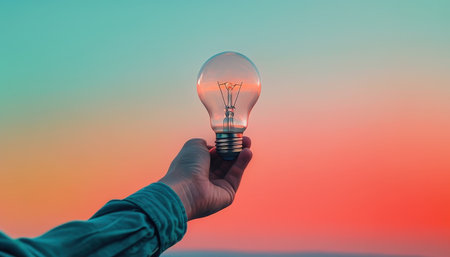A hand holding a glowing light bulb against an orange to blue sky gradientの素材