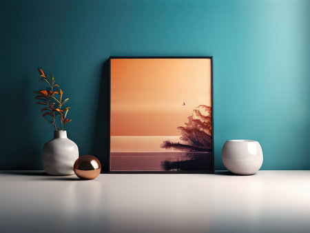 A serene sunset painting paired with decorative vases on a teal backdropの素材