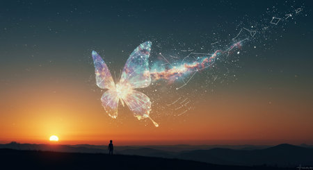 A silhouette of a child witnessing the transformation of a butterfly into constellations during sunsetの素材