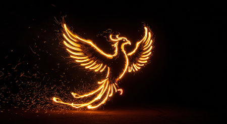 A fiery phoenix in motion captured using light painting techniqueの素材