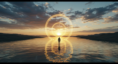A solitary figure stands in the center of a mystical glowing circle on calm water at duskの素材
