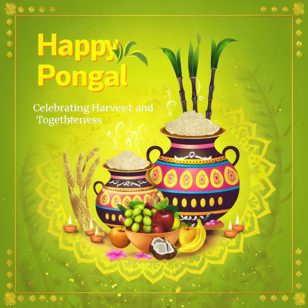 A festive Pongal celebration with traditional offerings and decorの素材
