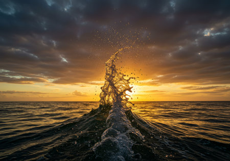 A breathtaking sunset illuminates the tranquil sea as waves crash against the shore, creating a serene and picturesque sceneの素材