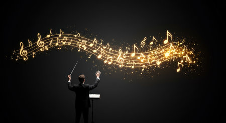 A conductor leading a musical performance with animated sheet notesの素材