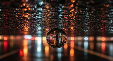 A persons reflection dances in the rainsoaked city through a spherical mirror, capturing the ephemeral beauty of urban lifeの素材