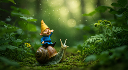 A whimsical scene of a tiny gnome atop a slowmoving snail in a lush green woodland settingの素材