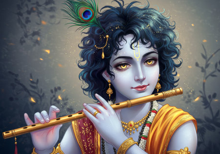 Lord Krishna plays his flute while surrounded by Radha, adorned with peacock feathers, embodying divine love and youthful innocence in this exquisite Hindu mythology illustrationの素材