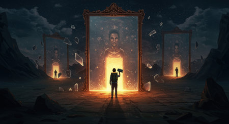 A solitary figure faces an illuminated portal in a dark landscape with broken mirrors floating aroundの素材