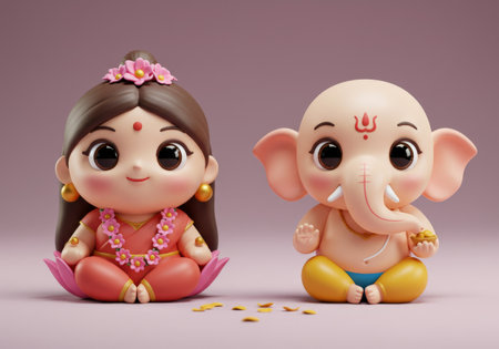 Cute figurines depicting Hindu gods and goddesses in their divine formsの素材