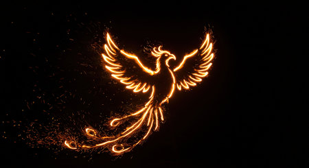A fiery phoenix in a dark background with dynamic lighting effectsの素材