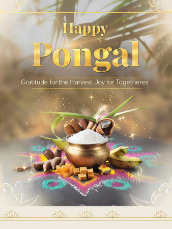 A festive Pongal celebration with a bowl of rice and traditional symbols on a decorated surfaceの素材