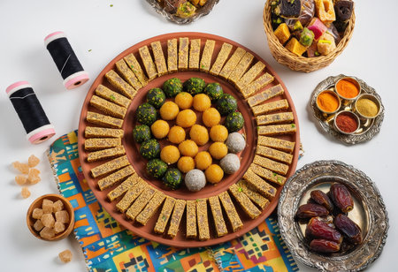 A spread of festive Indian snacks and sweets on a patterned tablecloth with threads nearbyの素材