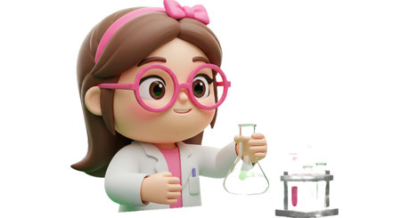 A cartoon character conducting a science experiment with colorful reagents.の素材